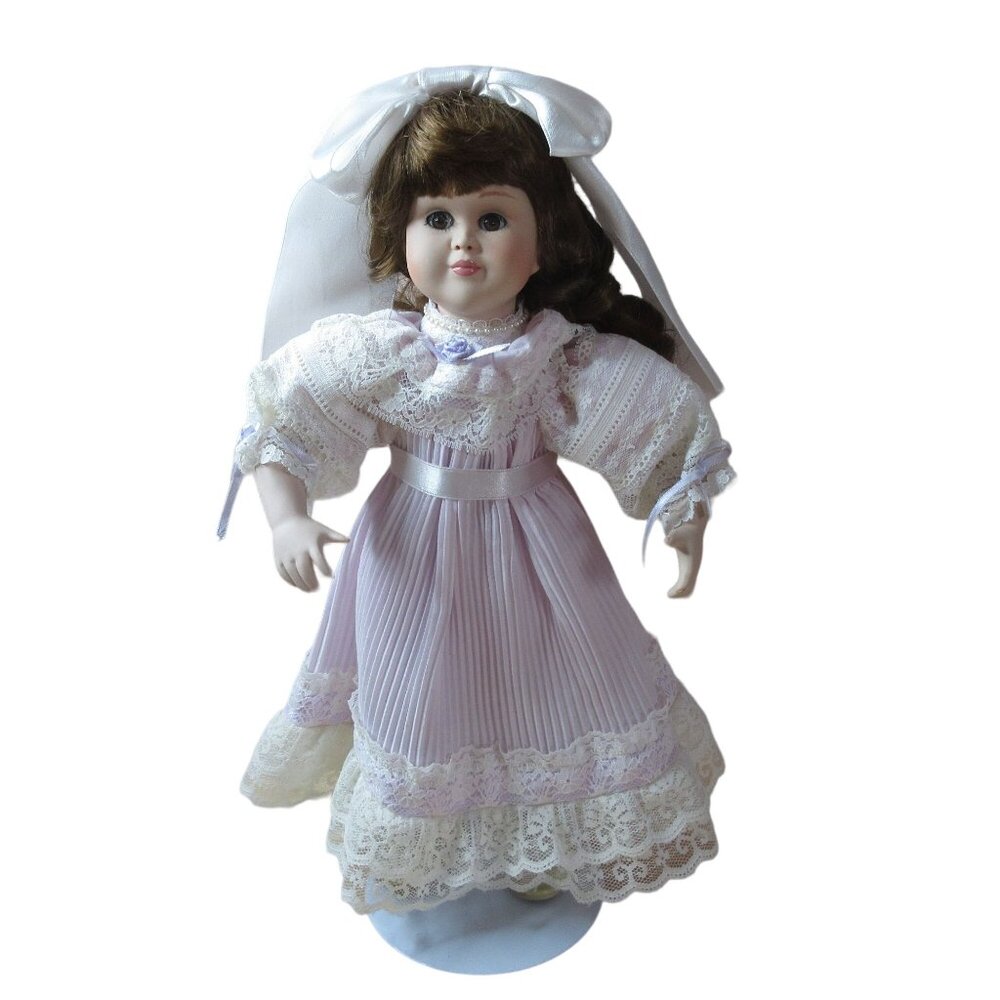 Paradise Galleries 14" Porcelain Doll Victorian Style Dress with Stand